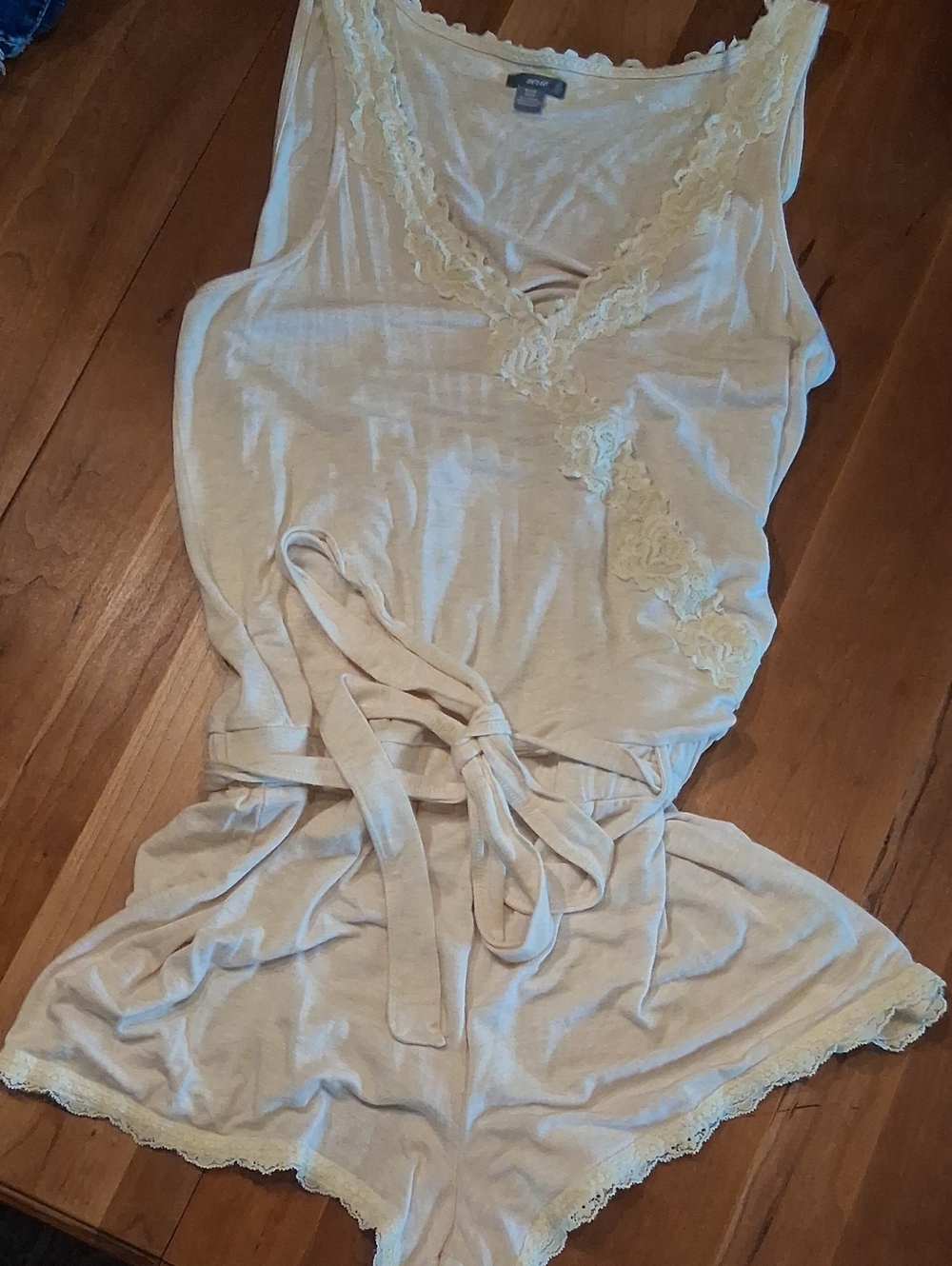 aerie Cream Lace-Trim Sleep Romper with Tie Waist